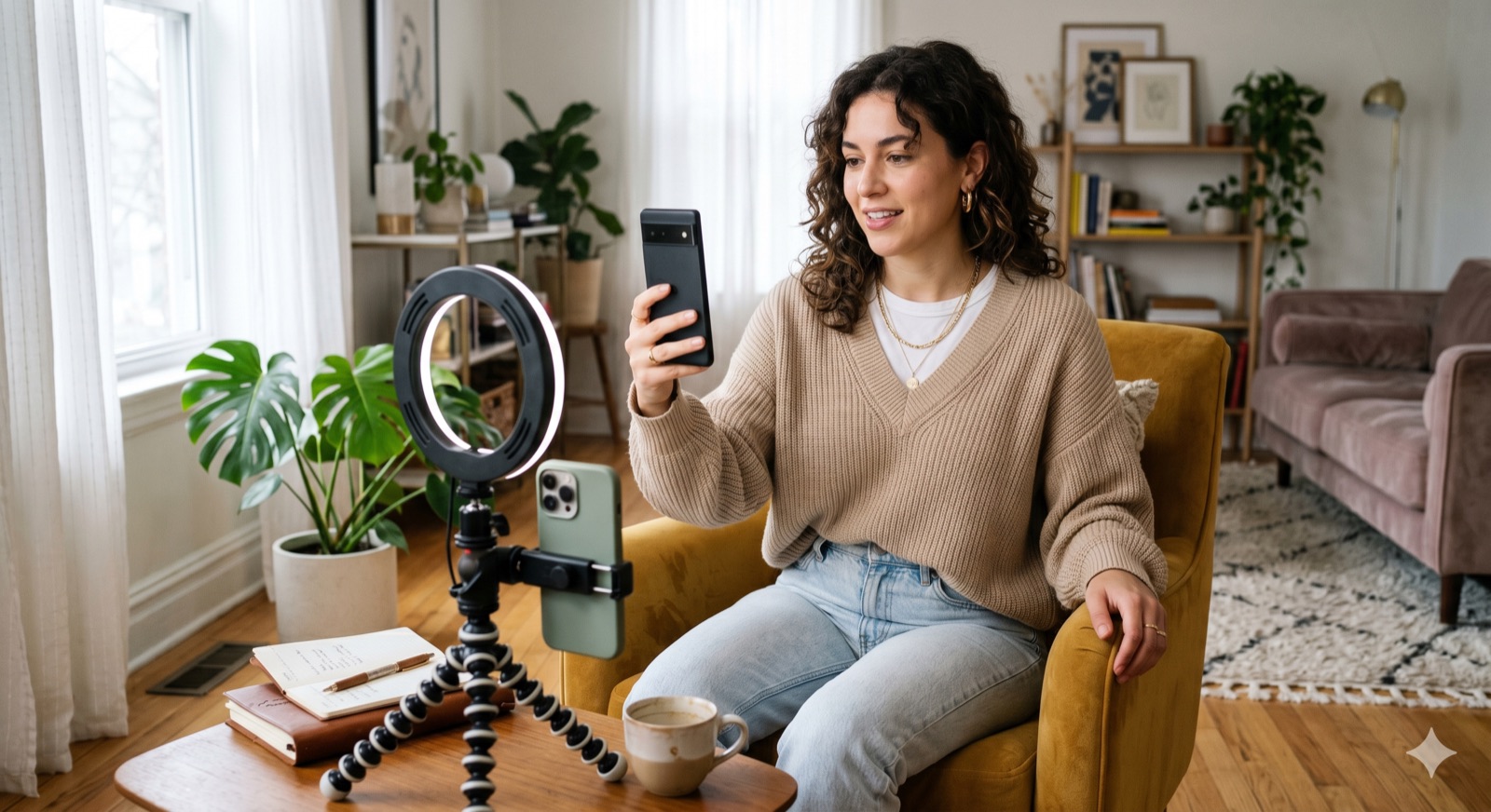 Criadora de conteúdo gravando com o celular e um ring light em casa